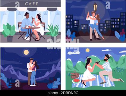 Romantic activity flat color vector illustration set Stock Vector