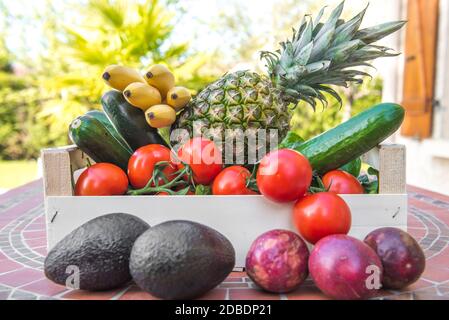 Vegetables and fruits in basket Stock Photo