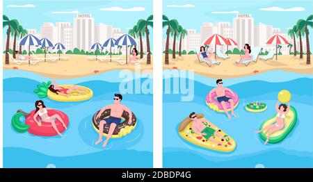 People floating on inflatables flat color vector illustration set Stock Vector