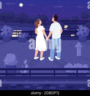 Nighttime roof date flat color vector illustration Stock Vector