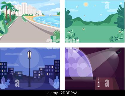 Vacation place flat color vector illustration set Stock Vector