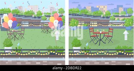 Rooftop for party flat color vector illustration set Stock Vector