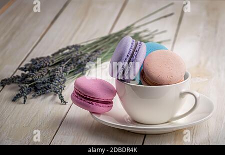 Multicolored macaroons in white cup with lavender on wooden table Stock Photo