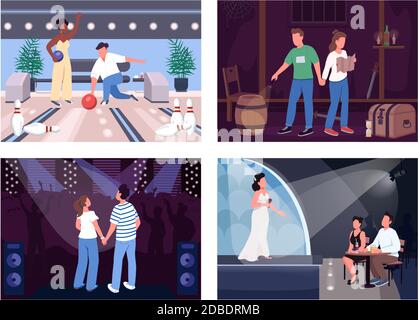 Fun evening dates flat color vector illustration set Stock Vector