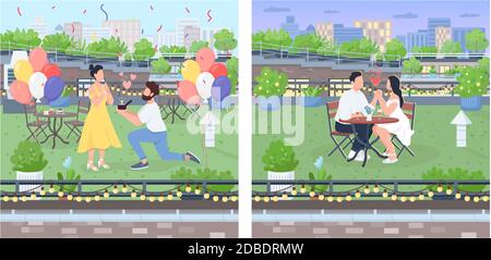 Romantic couple dates flat color vector illustration set Stock Vector