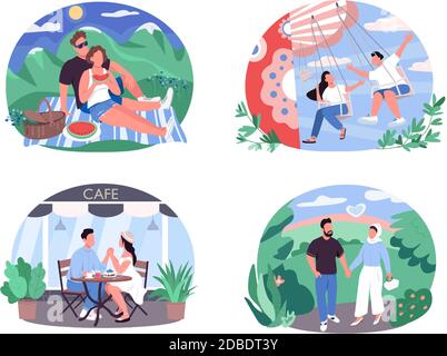 Daytime activity for couples 2D vector web banner, poster set Stock Vector