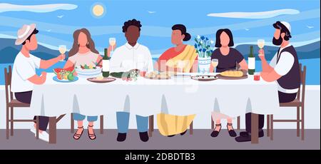 Multicultural dinner flat color vector illustration Stock Vector