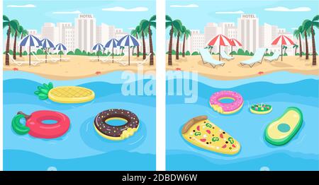 Seaside resort and inflatables flat color vector illustration set Stock Vector