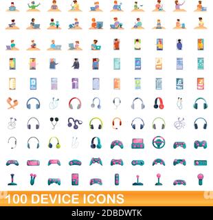 100 device icons set. Cartoon illustration of 100 device icons vector set isolated on white background Stock Vector