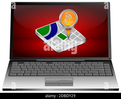Laptop Computer with orange free WiFi map pointer on red desktop - 3D illustration Stock Photo