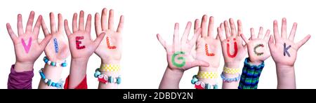 Kids Hands Holding Colorful German Word Viel Glueck Means Good Luck. White Isolated Background Stock Photo