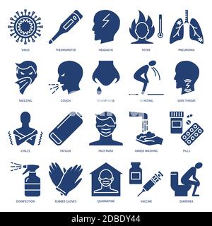 Respiratory disease symptoms icon set in flat style Stock Vector