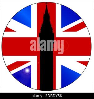 The London landmark Big Ben Clocktower in silhouette over a Union Flag on a button or badge. Stock Photo