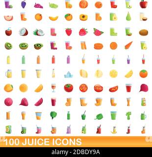 100 juice icons set. Cartoon illustration of 100 juice icons vector set isolated on white background Stock Vector