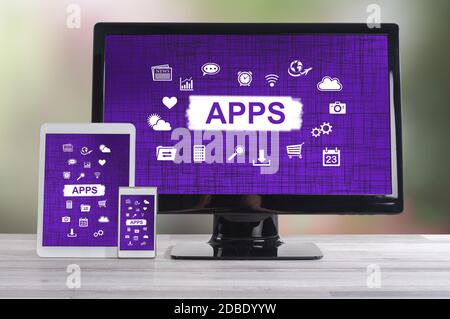 Apps concept shown on different information technology devices Stock Photo