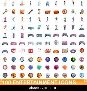 100 entertainment icons set. Cartoon illustration of 100 entertainment icons vector set isolated on white background Stock Vector
