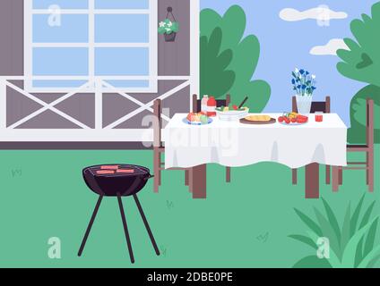 House yard BBQ flat color vector illustration Stock Vector