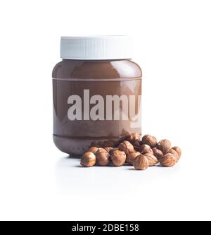 Hazelnut spread. Nut chocolate cream isolated on white background. Stock Photo