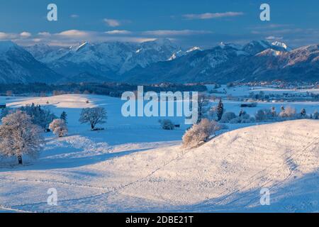 geography / travel, Germany, Bavaria, Riegsee, view from Aidling towards Wetterstein mountain range wi, Additional-Rights-Clearance-Info-Not-Available Stock Photo