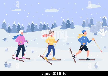 Winter skiing semi flat vector illustration Stock Vector