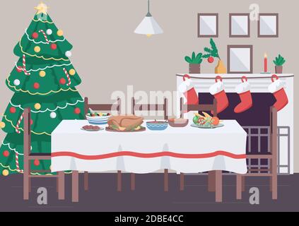 Christmas dinner table flat color vector illustration Stock Vector