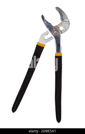 Pliers isolated. Close-up of an open metal adjustable waterpump pliers with black yellow handles isolated on a white background. Macro photograph. Stock Photo
