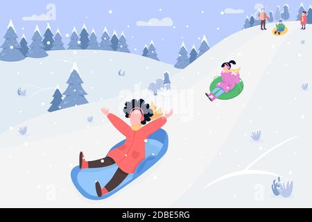 Children on sleds semi flat vector illustration Stock Vector