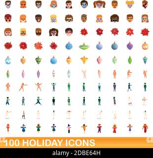 100 holiday icons set. Cartoon illustration of 100 holiday icons vector set isolated on white background Stock Vector