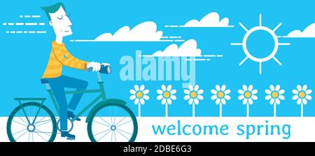 Illustration of a man taking a bike ride on a sunny spring day. Stock Vector
