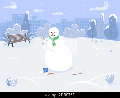 Snowman in urban park semi flat vector illustration Stock Vector