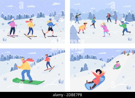 Winter activity semi flat vector illustration set Stock Vector