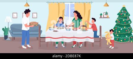 Christmas dinner preparation semi flat vector illustration Stock Vector