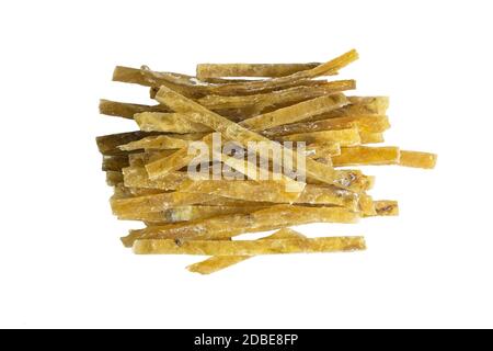 Dried salted tuna meat strips isolated on white background. Snack Fish to beer. Close up. Stock Photo