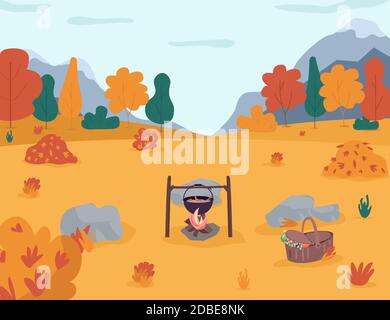 Picnic in autumn forest semi flat vector illustration Stock Vector