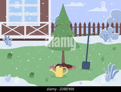 Winter backyard semi flat vector illustration Stock Vector