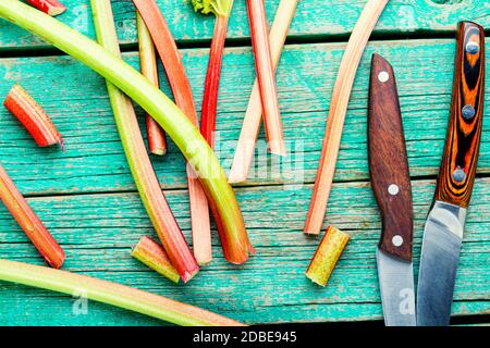 Fresh rhubarb stem on retro wooden table.Bundle of stalks and pieces rhubarb Stock Photo