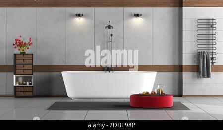 Minimalist bathroom with bathtub, ,shower, chest of drawers and radiator on concrete wall - 3d rendering Stock Photo