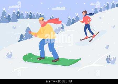 Snowboarding semi flat vector illustration Stock Vector