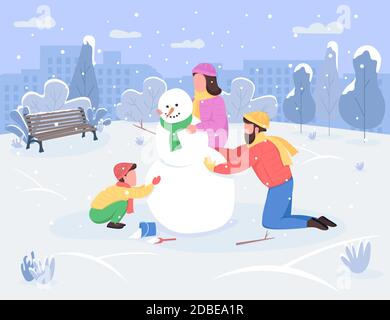 Winter family activity semi flat vector illustration Stock Vector