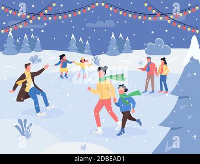 Christmas ice rink semi flat vector illustration Stock Vector