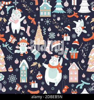 Characters and Christmas elements seamless pattern navy Stock Vector
