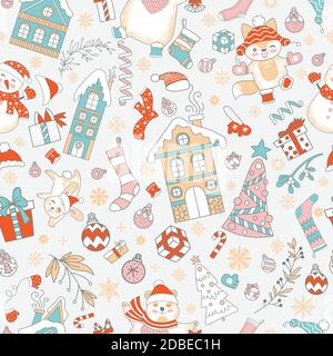 Characters and Christmas elements seamless pattern white Stock Vector