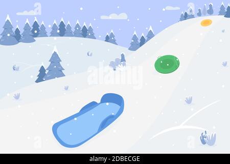 Snow hills with sleds semi flat vector illustration Stock Vector