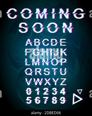Coming soon glitch font template. Retro futuristic style vector alphabet set on blue iridescent background. Capital letters, numbers and symbols Stock Vector