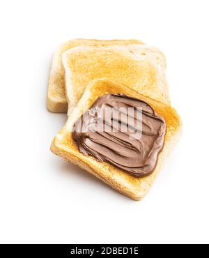 Toast bread with hazelnut spread. Sweet chocolate cream isolated on white background. Stock Photo