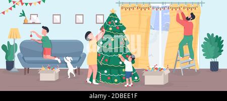 Family decorate Christmas tree semi flat vector illustration Stock Vector