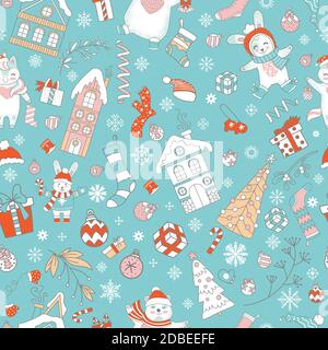 Characters and Christmas elements seamless pattern green Stock Vector