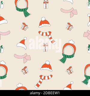 Christmas hats, scarfs and gifts seamless pattern Stock Vector