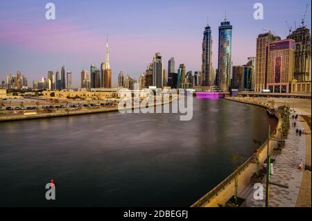 Scenic view of skyline of Dubai's downtown at sunset Stock Photo