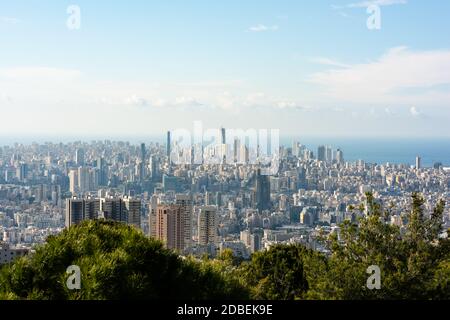 Panorama of Beirut skyline, from Meitn in Lebanon. Achrafieh buildings and the Mafaa port appear on the Mediterranean shore. Stock Photo
